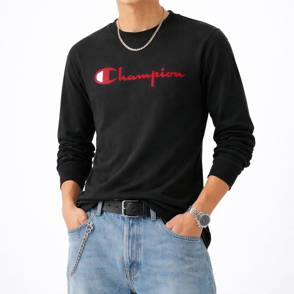 Vintage 90s Y2k Champion Mens Long Sleeve T Shirt Black Red Logo Size Large